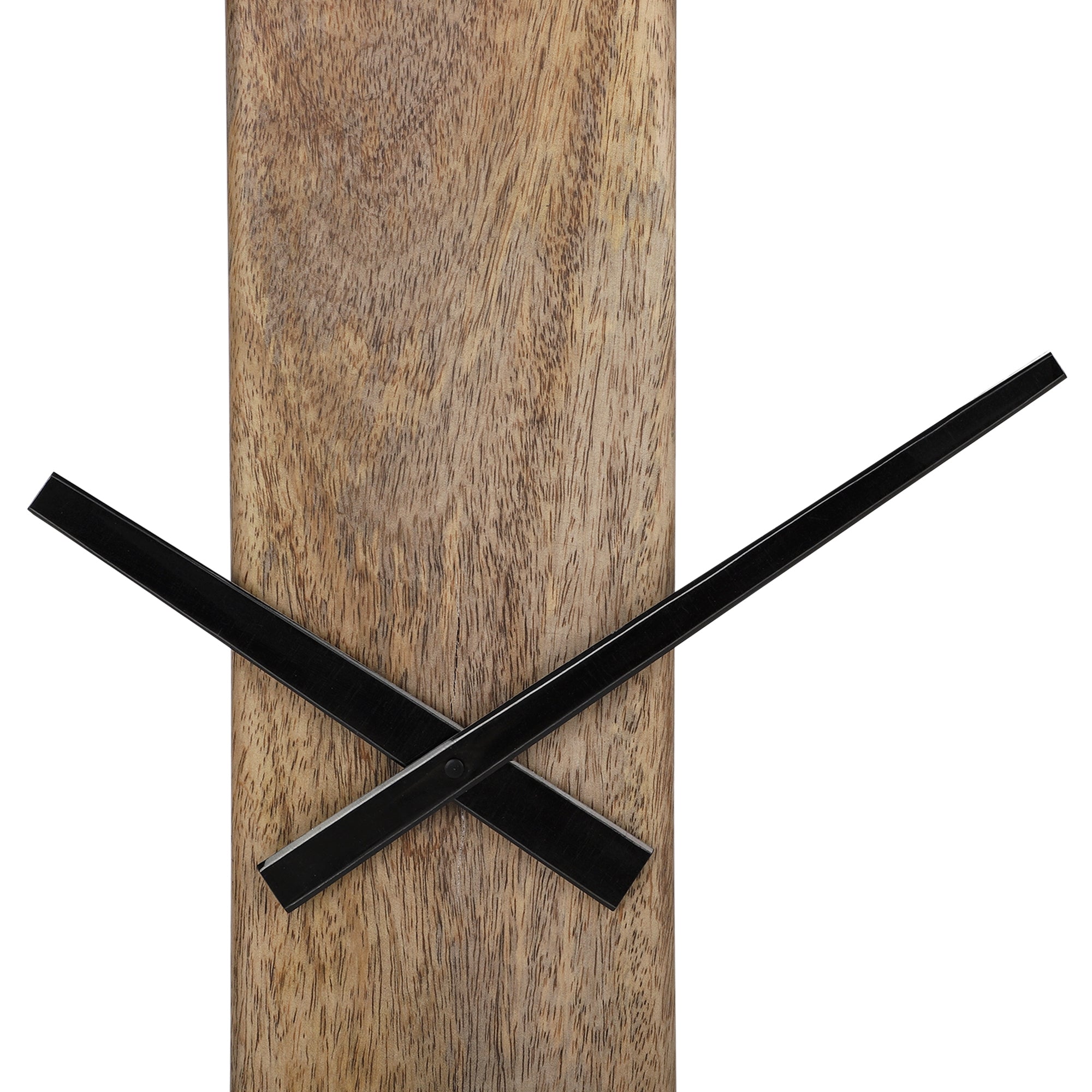 Wall clock with two black hands on a wooden board.