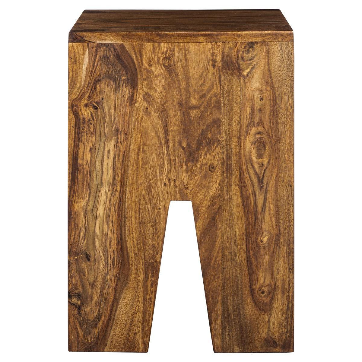 Holzstuhl mit quadratischer Sitzfläche, Sicht auf die Vorderseite.