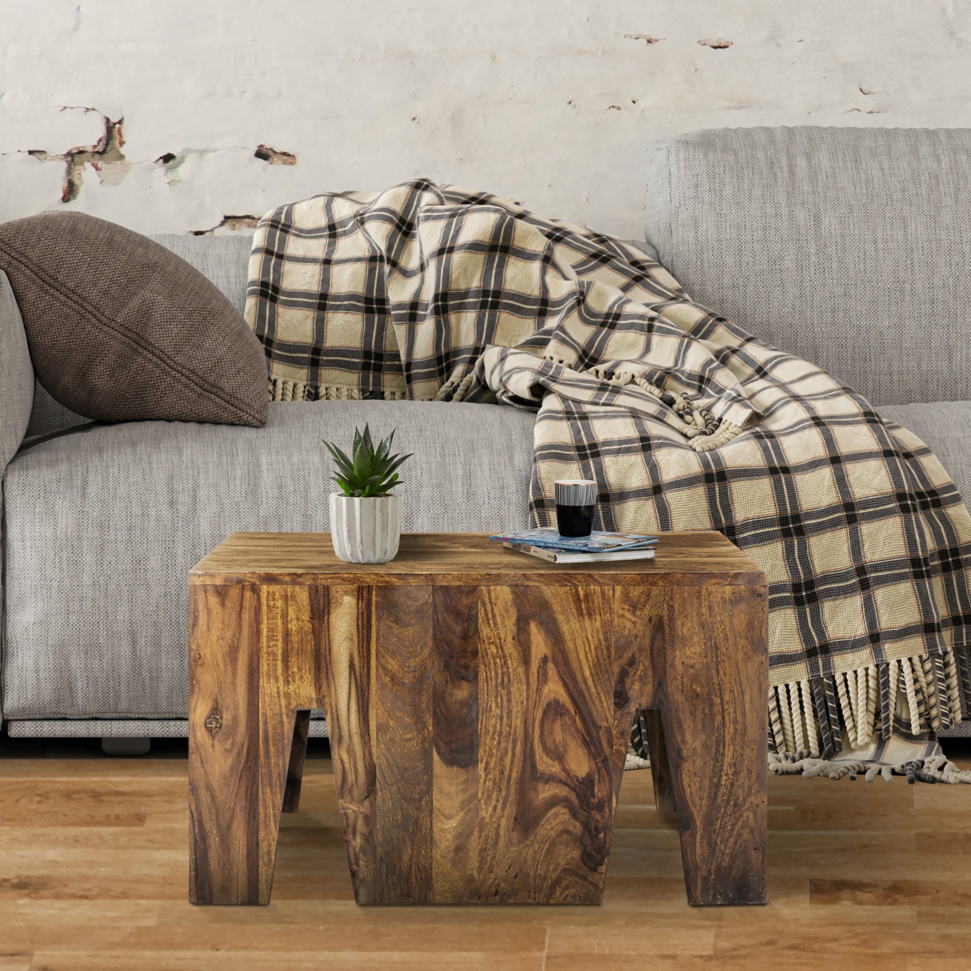 Holztisch mit einer Pflanze und einem Glas auf einem Sofa mit einer Decke.