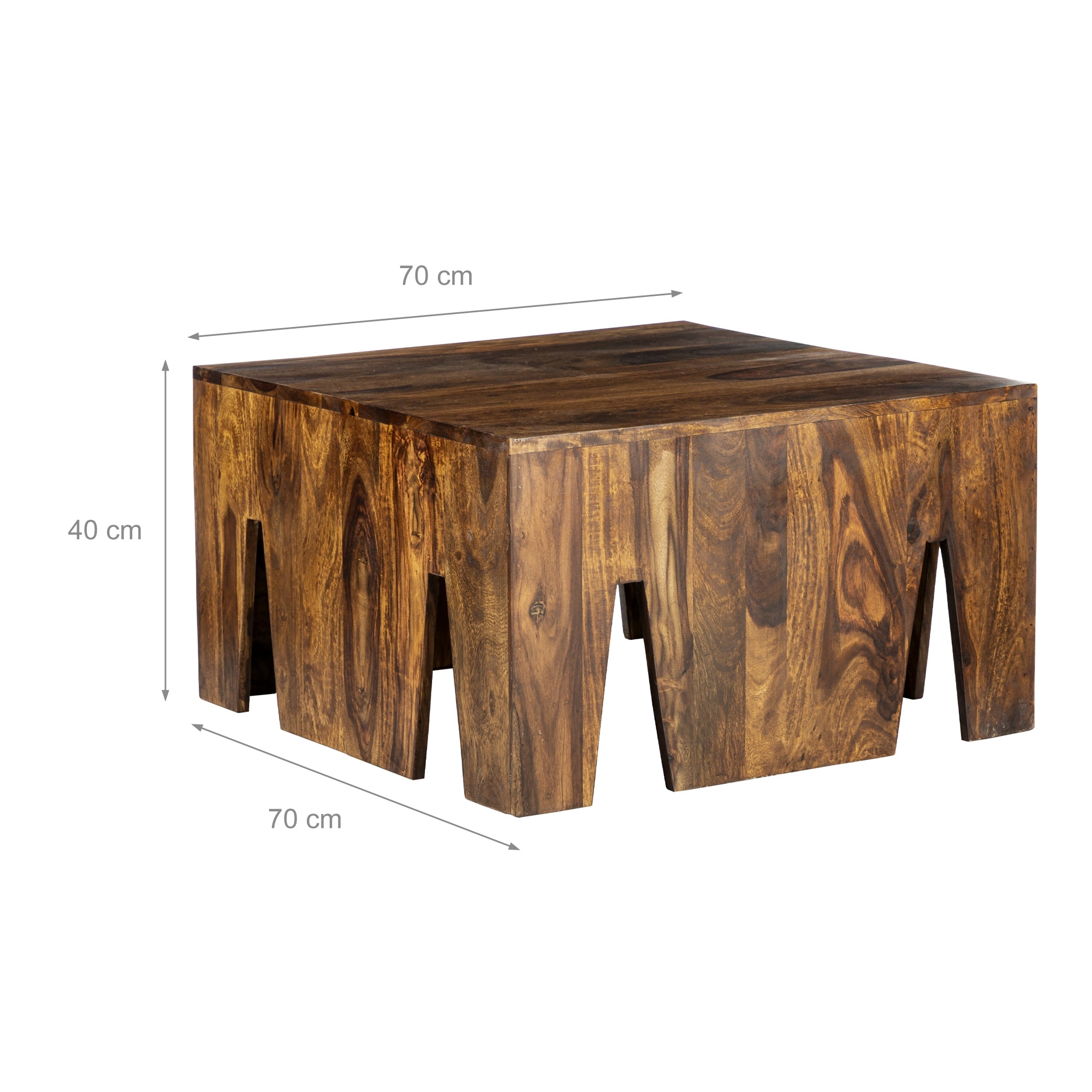 Ein quadratischer Holztisch mit einer Kantenlänge von 70 cm und einer Höhe von 40 cm.