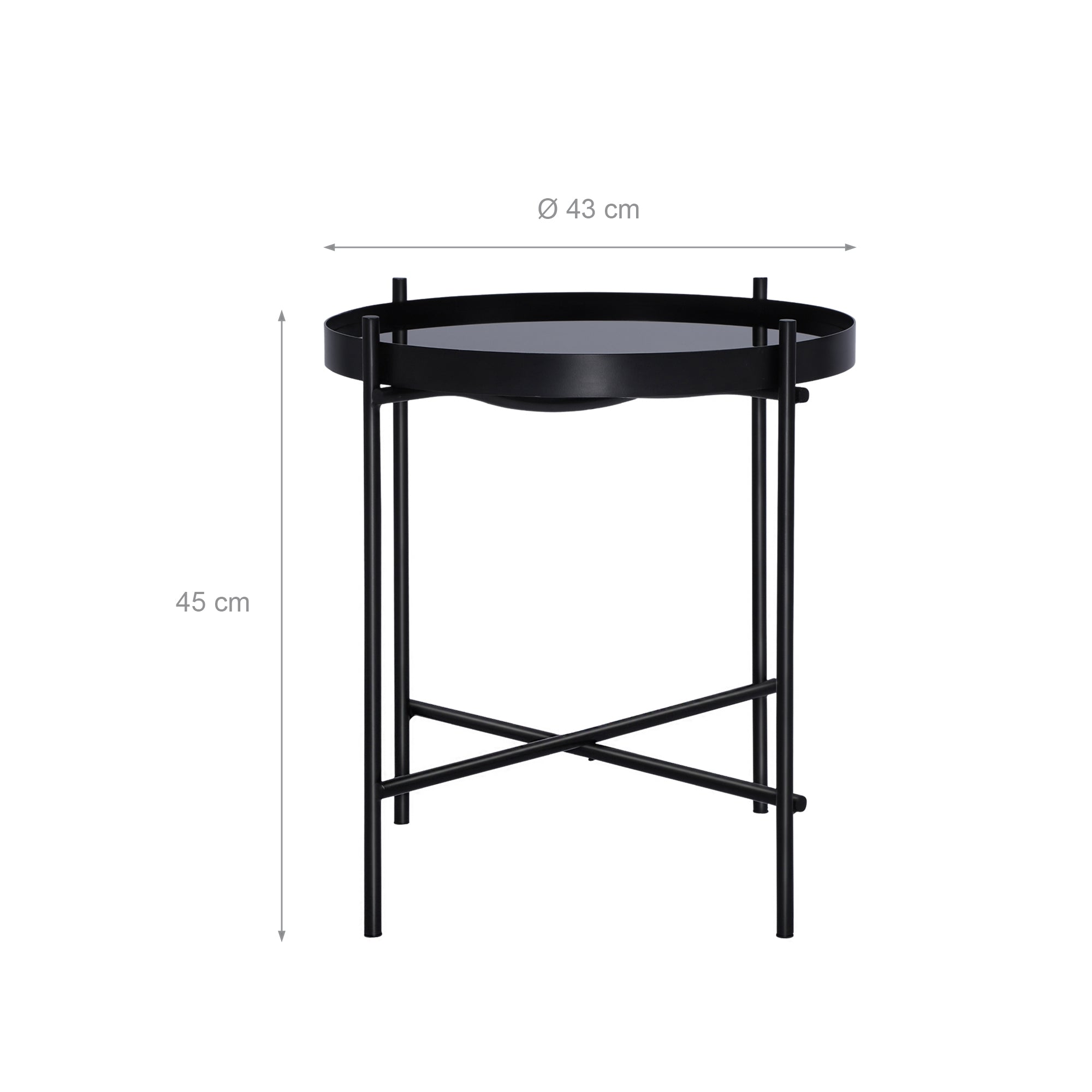 Dimension drawing of a round black side table with diameter and height.