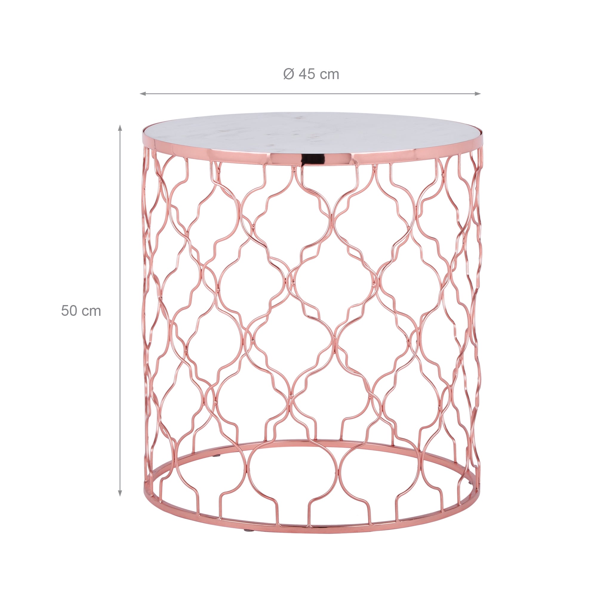 Table ronde avec une grille en cuivre et un plateau de table blanc, dimensions indiquées.