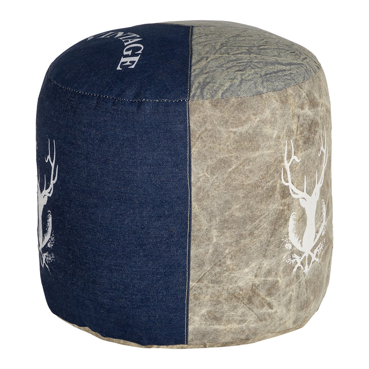 Un taburet rotund din diverse materiale textile, cu un motiv cu cerb.