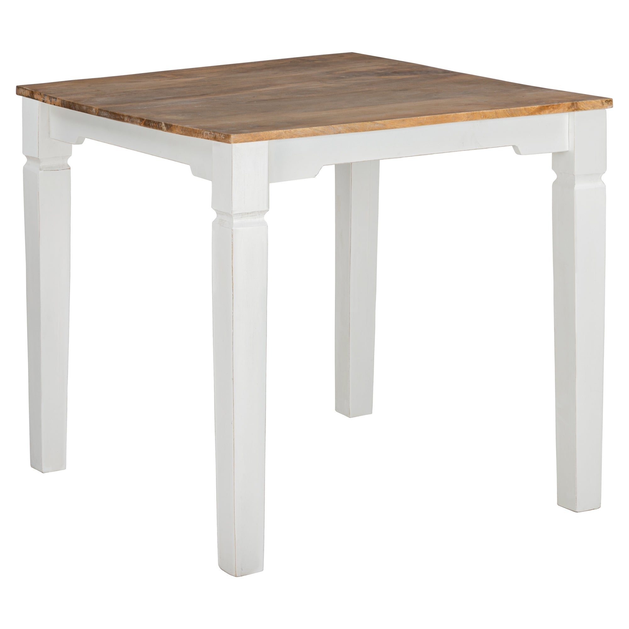 Una mesa cuadrada con superficie de madera y patas blancas.