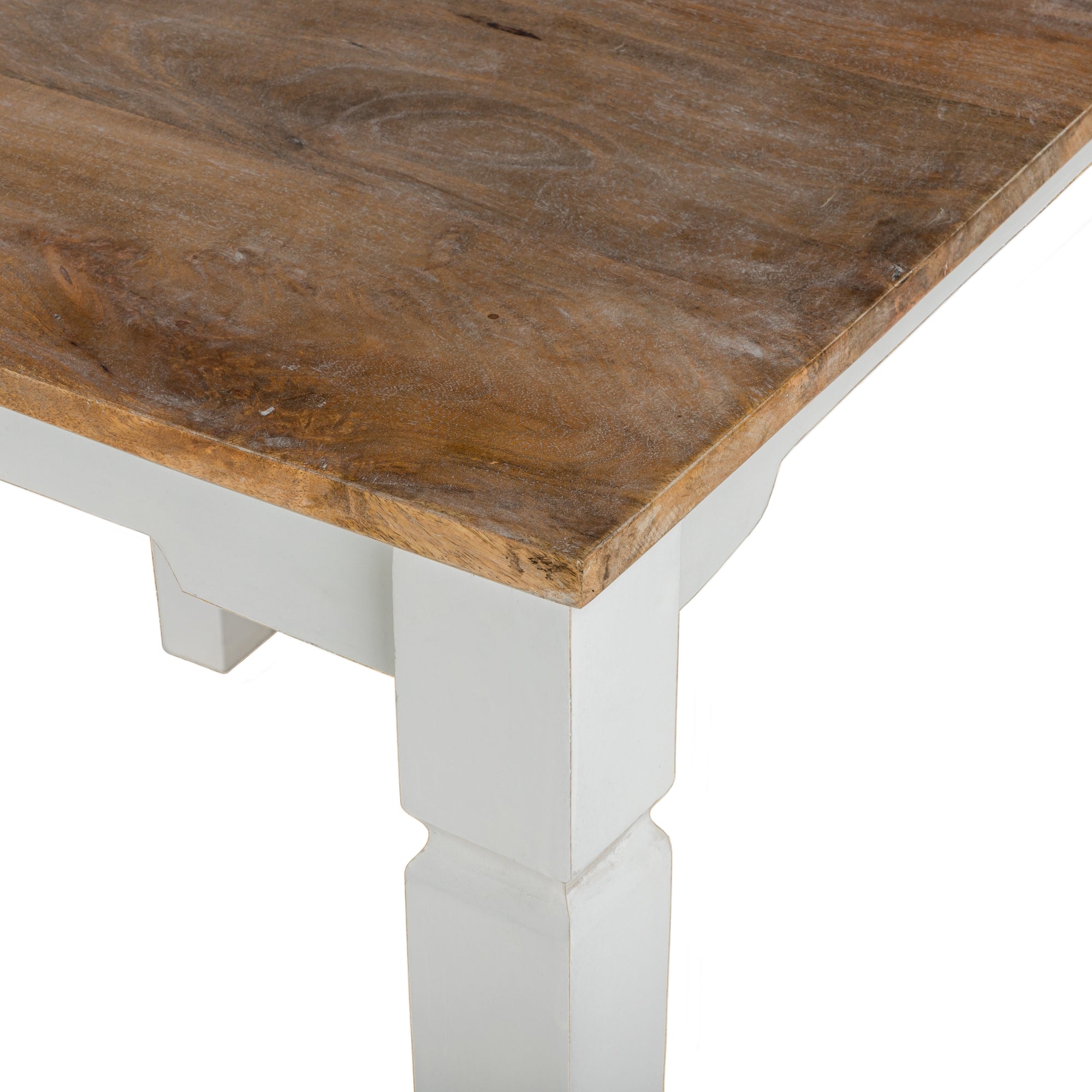 Mesa de madera con una superficie rectangular y patas blancas.