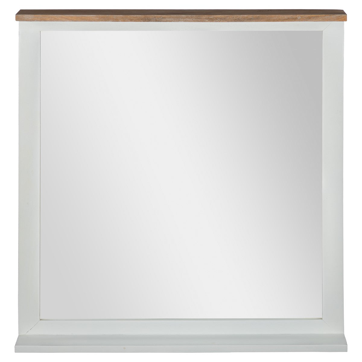 Mirror with a wooden frame, rectangular, reflects no image.
