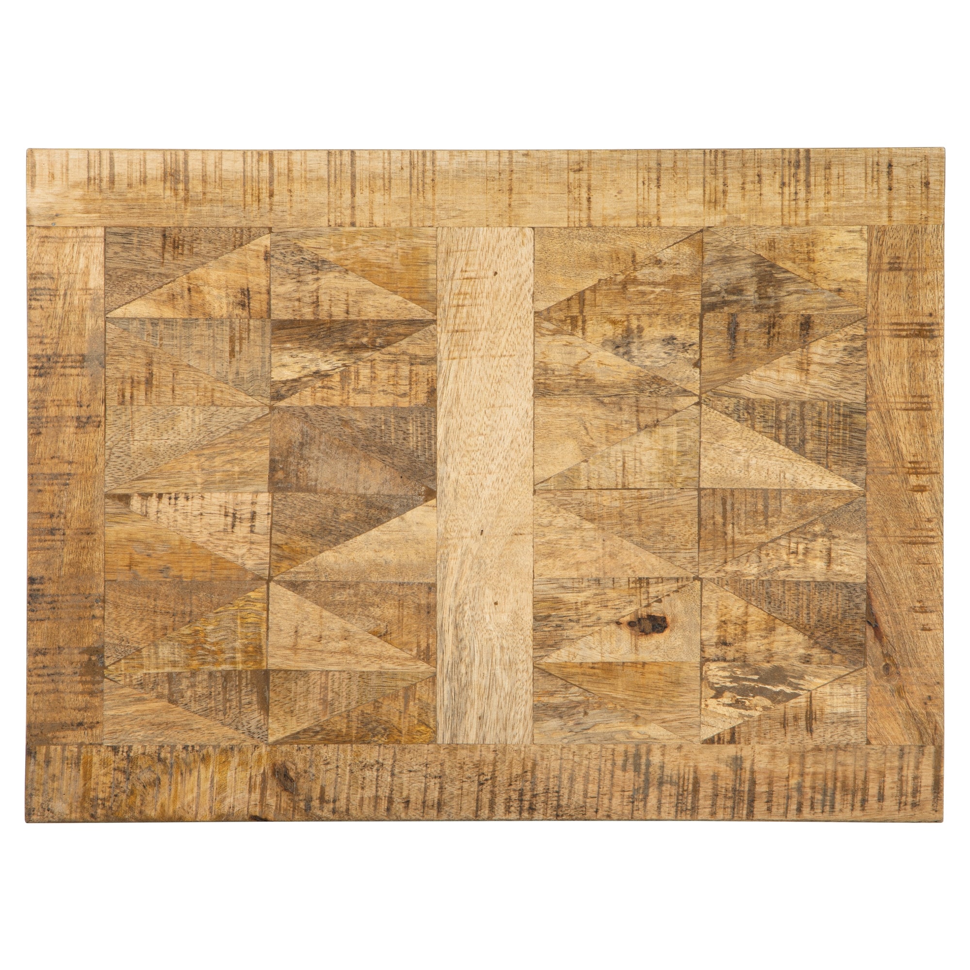 Ein rechteckiger Tisch aus Holz mit einem geometrischen Muster.