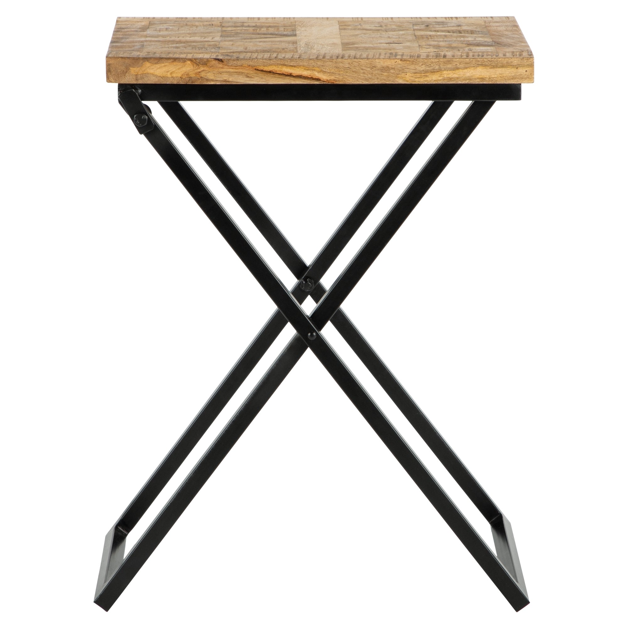 Klapptisch mit Holzplatte und schwarzem Gestell.