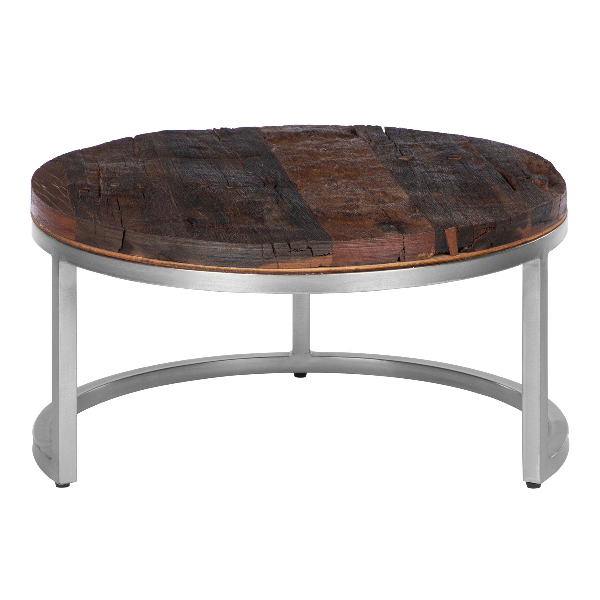 Runder Couchtisch mit einer Holzplatte und einem Metallgestell.