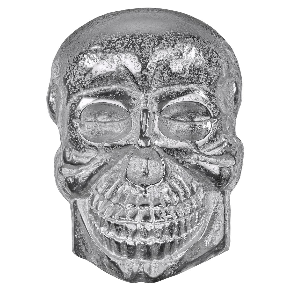 Silver metal skull with detailed texture.