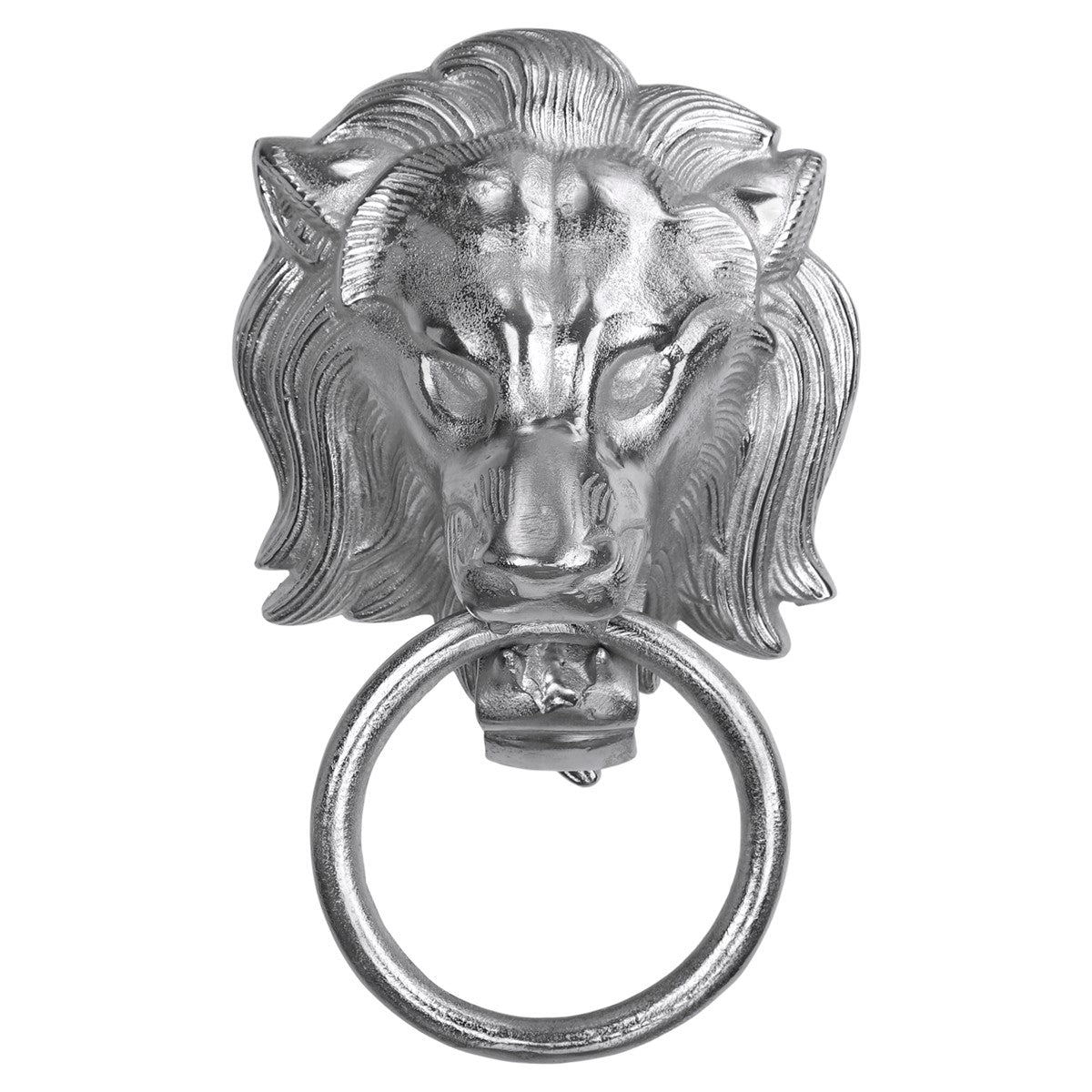 Silver door knocker in the shape of a lion's head with a ring.