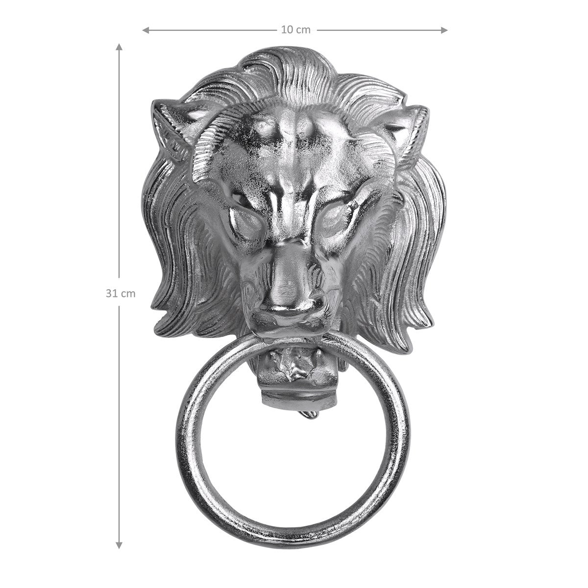 Türklopfer in Form eines Löwenkopfes aus Metall, mit Ring.