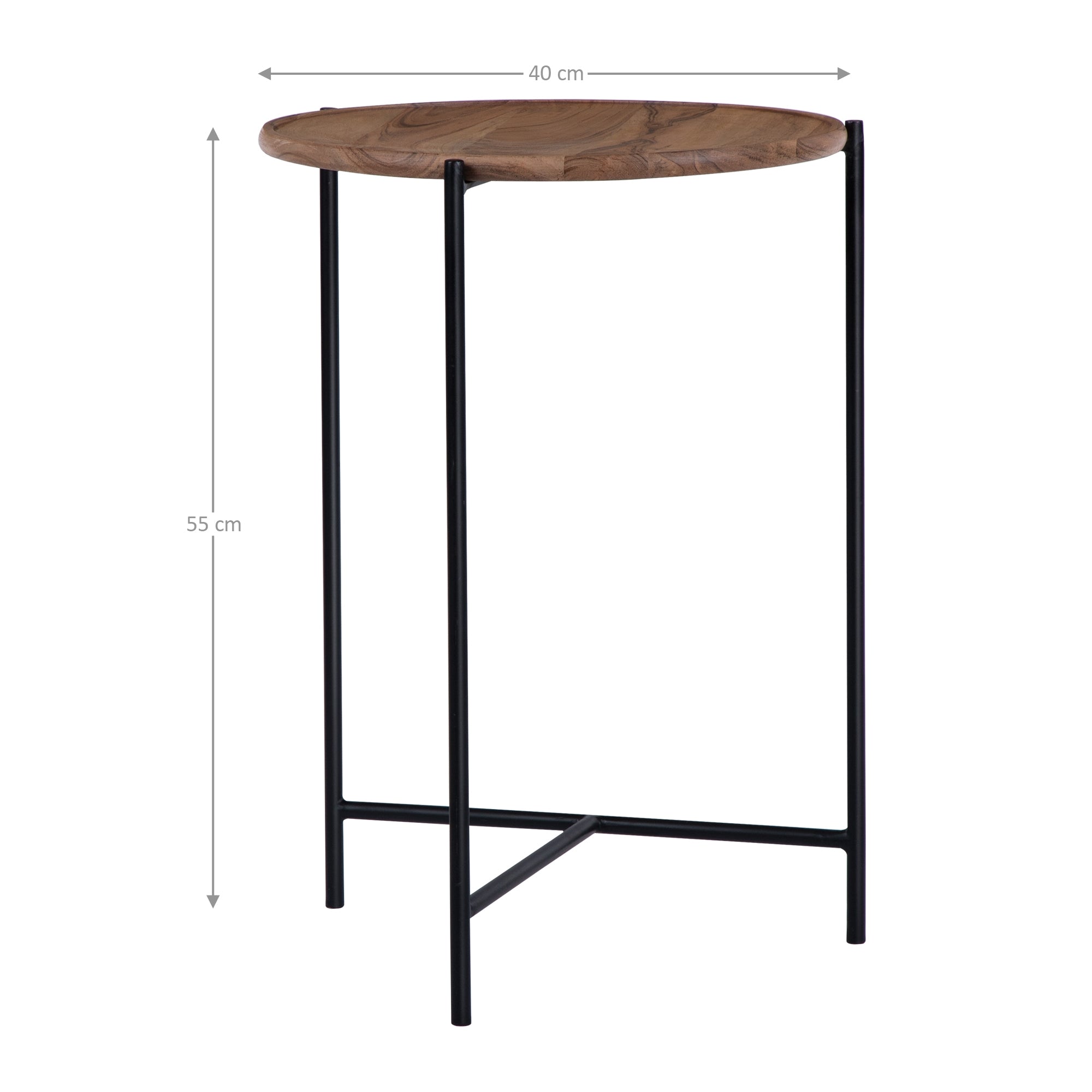 Runder Tisch mit Holzplatte und schwarzem Metallgestell.