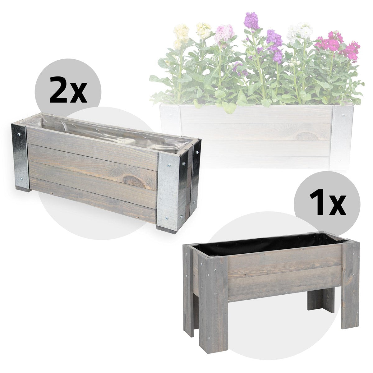Zwei rechteckige Blumenkästen aus Holz mit Pflanzen.