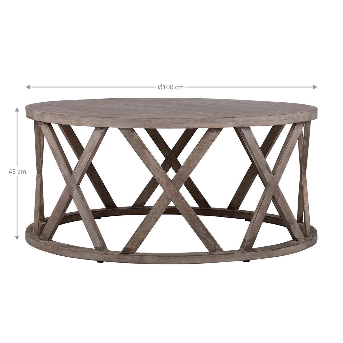 Round wooden table with a diameter of 100 cm and a height of 45 cm.