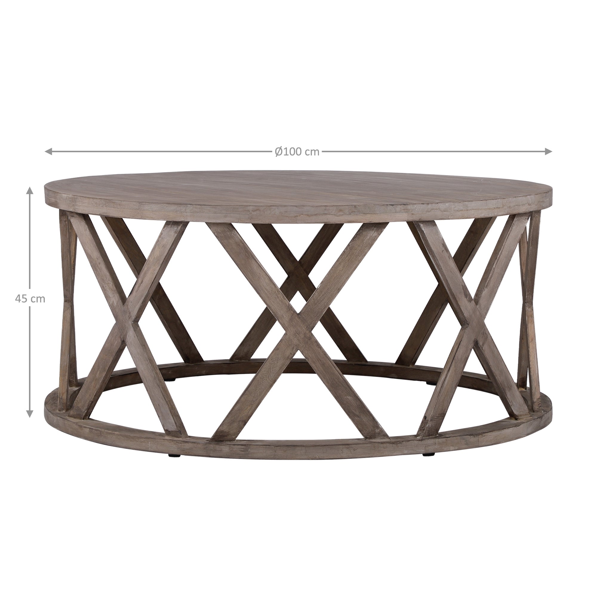 Runder Holztisch mit einem Durchmesser von 100 cm und einer Höhe von 45 cm.