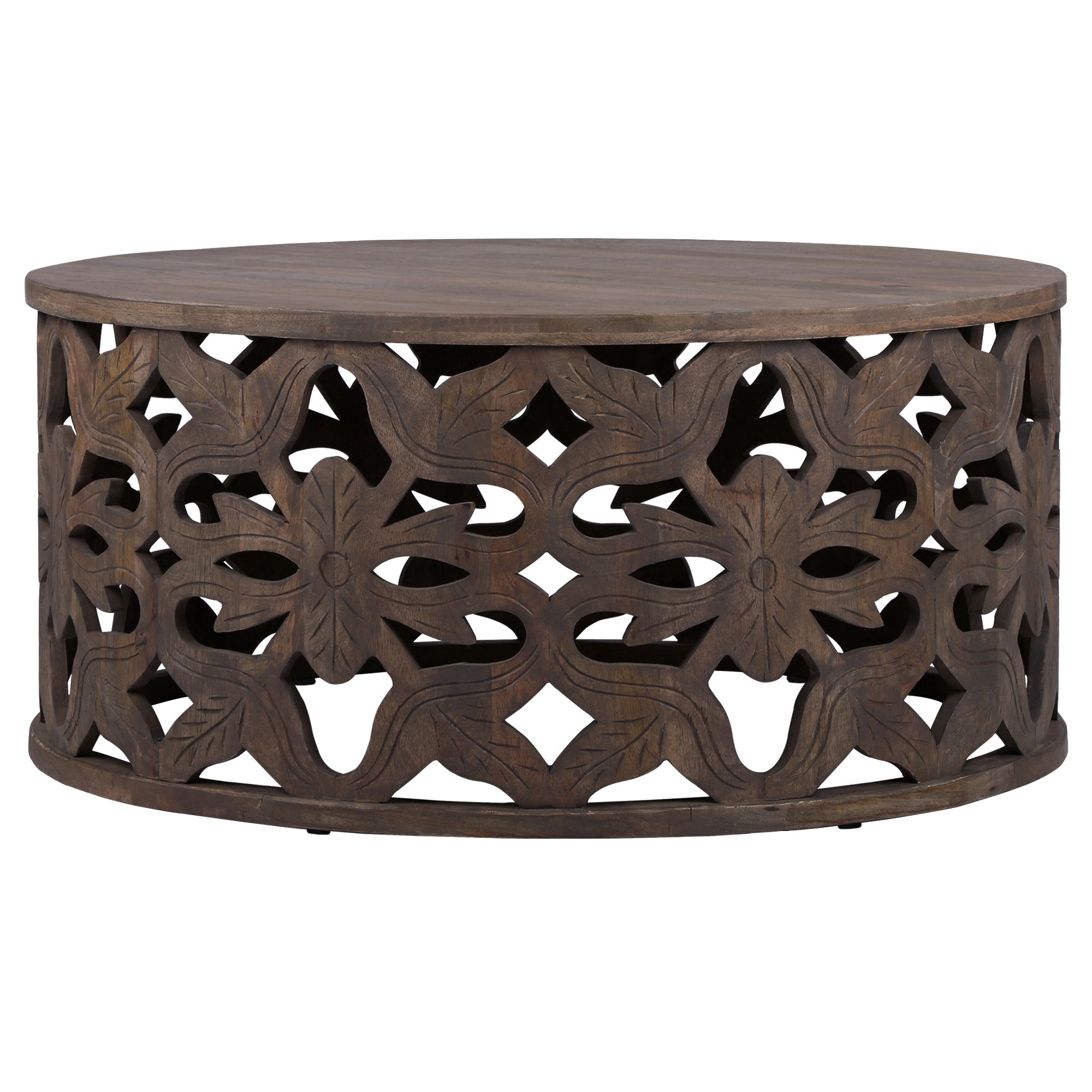 Runder Couchtisch aus Holz mit floralen Mustern und vier Beinen.