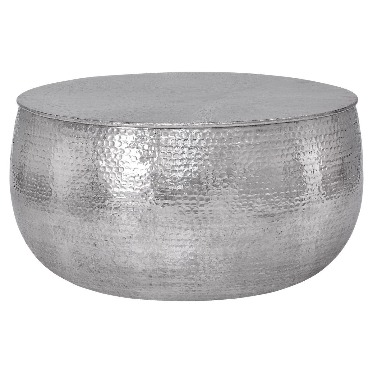Round silver table with a hammered surface.