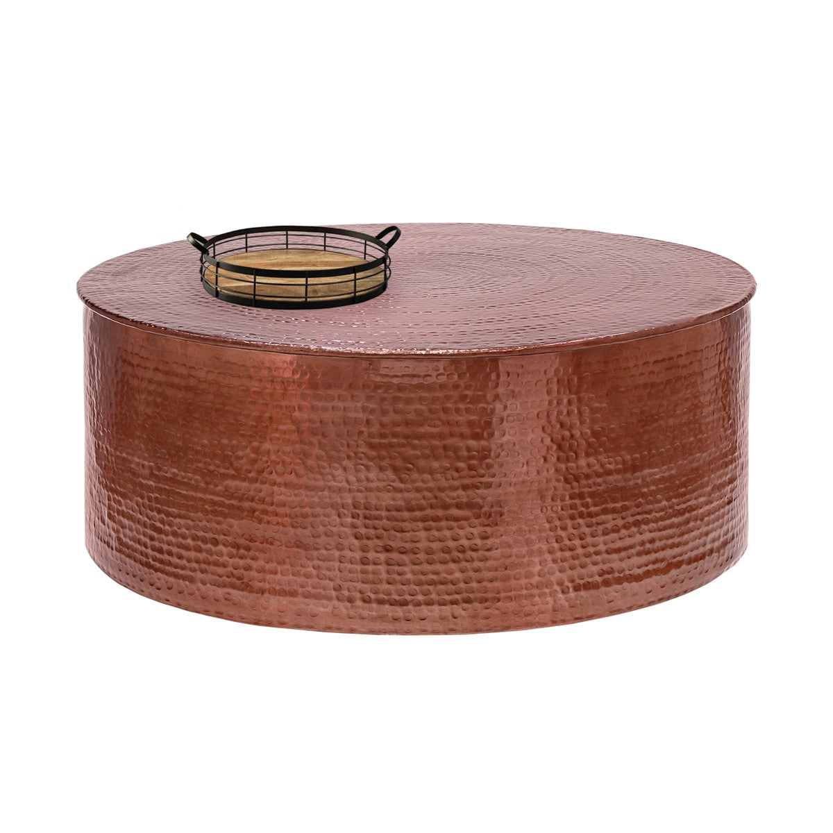 Round copper-coloured coffee table with a lattice top in the middle.