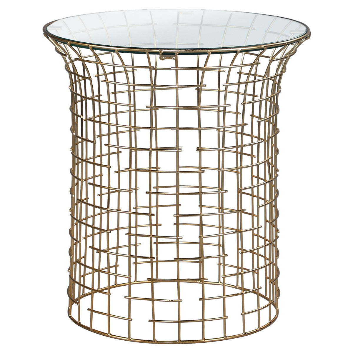 Hohler, goldfarbener Tisch mit gitterförmigem Design und transparentem Glas.