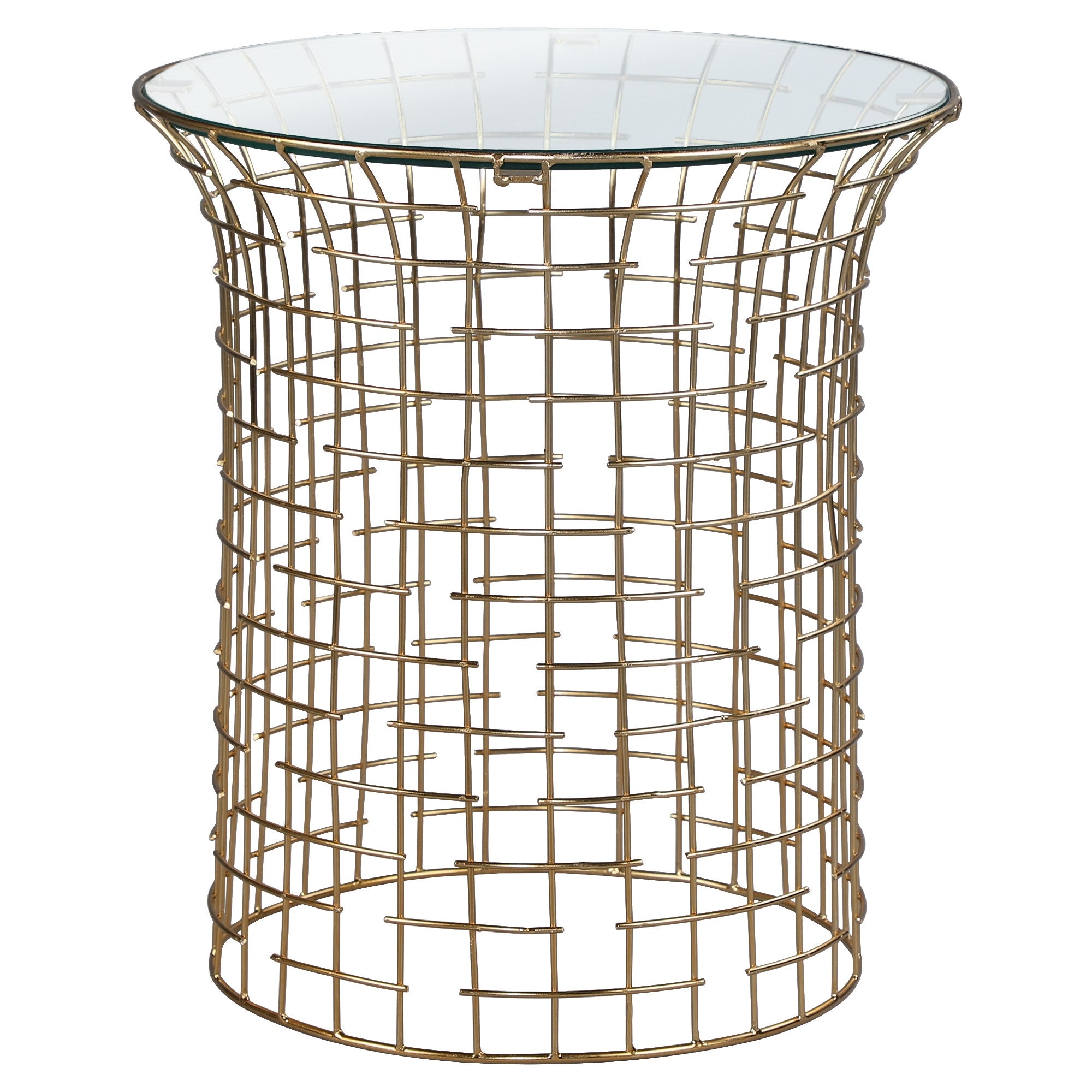 Hohler, goldfarbener Tisch mit gitterförmigem Design und transparentem Glas.