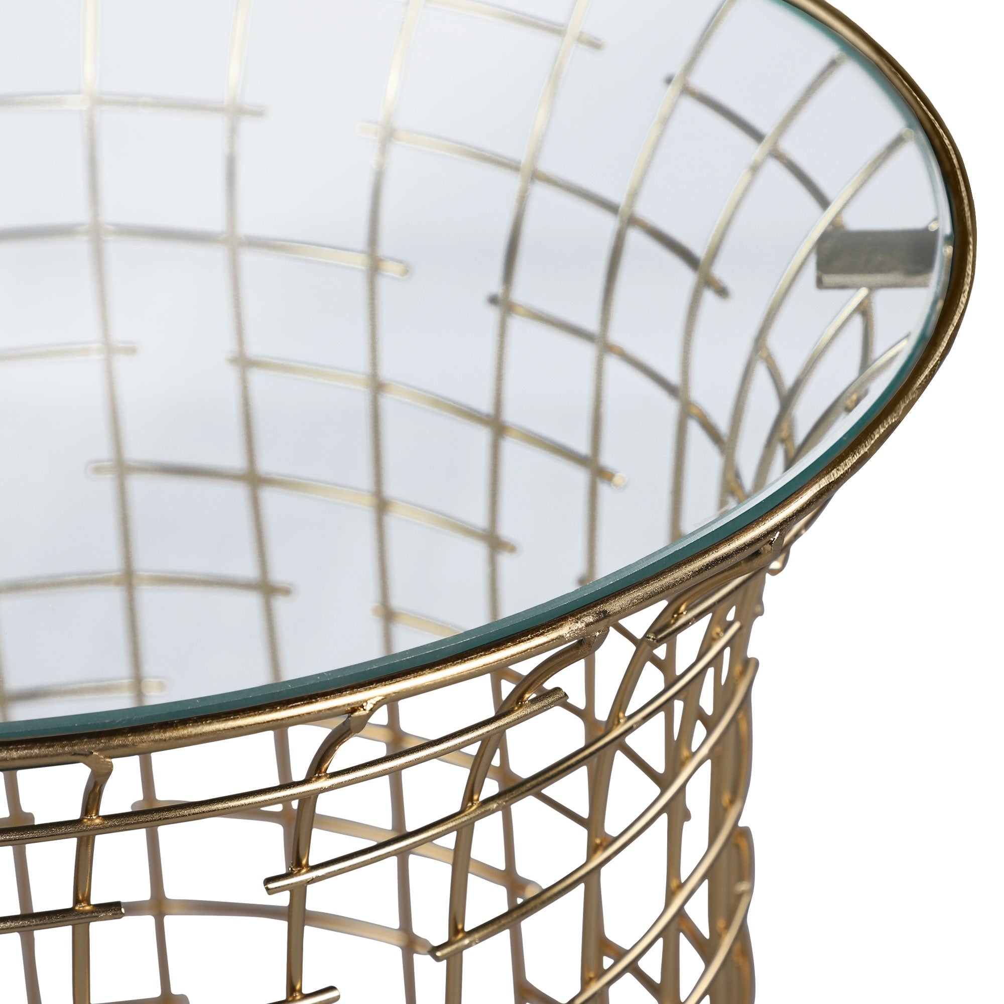 A golden wire basket with a glass surface.