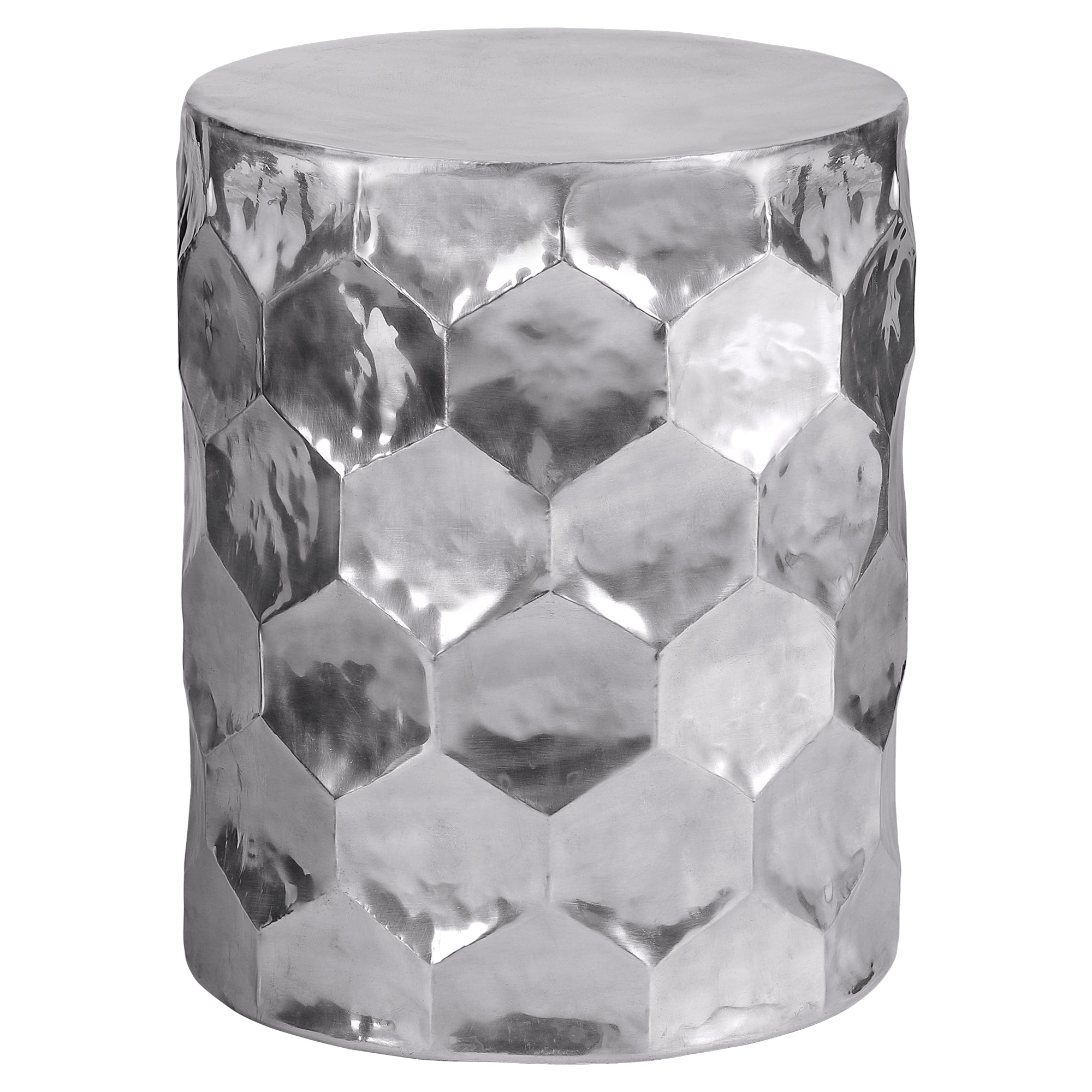 Silver-colored stool with a hexagonal structure.
