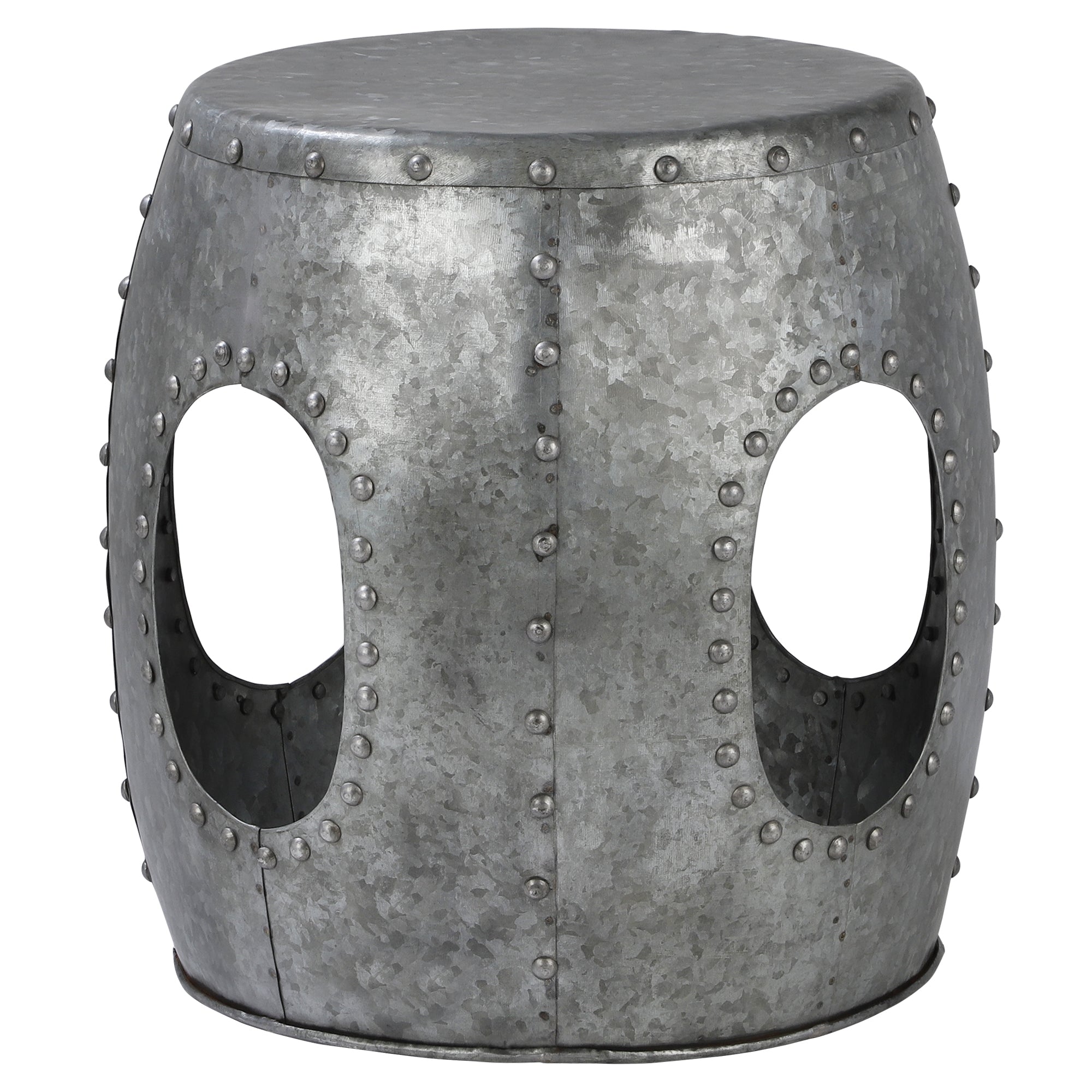Hocker aus grauem Metall mit runden Ausschnitten und Nieten.