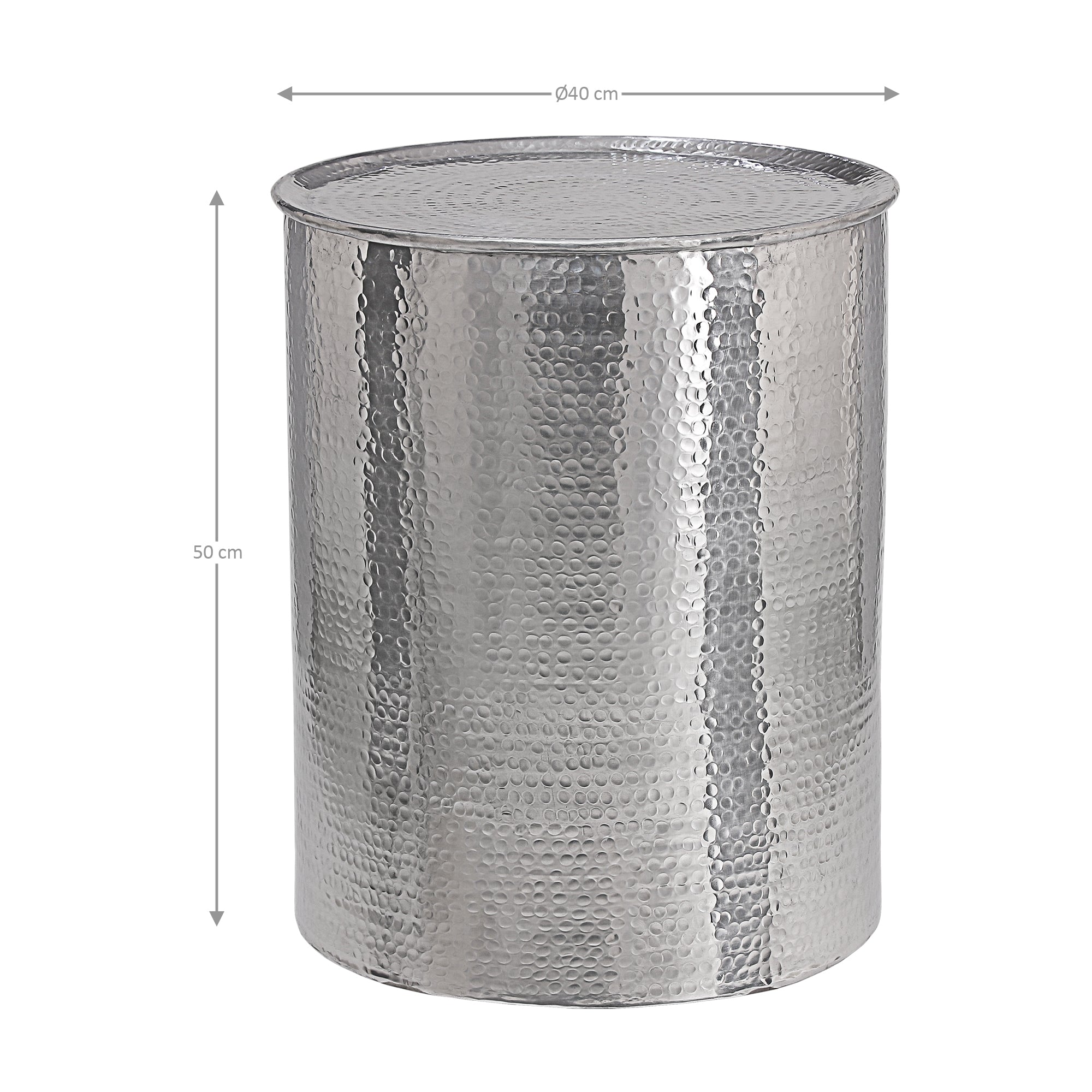 Round silver container with a knobby surface and measurements.
