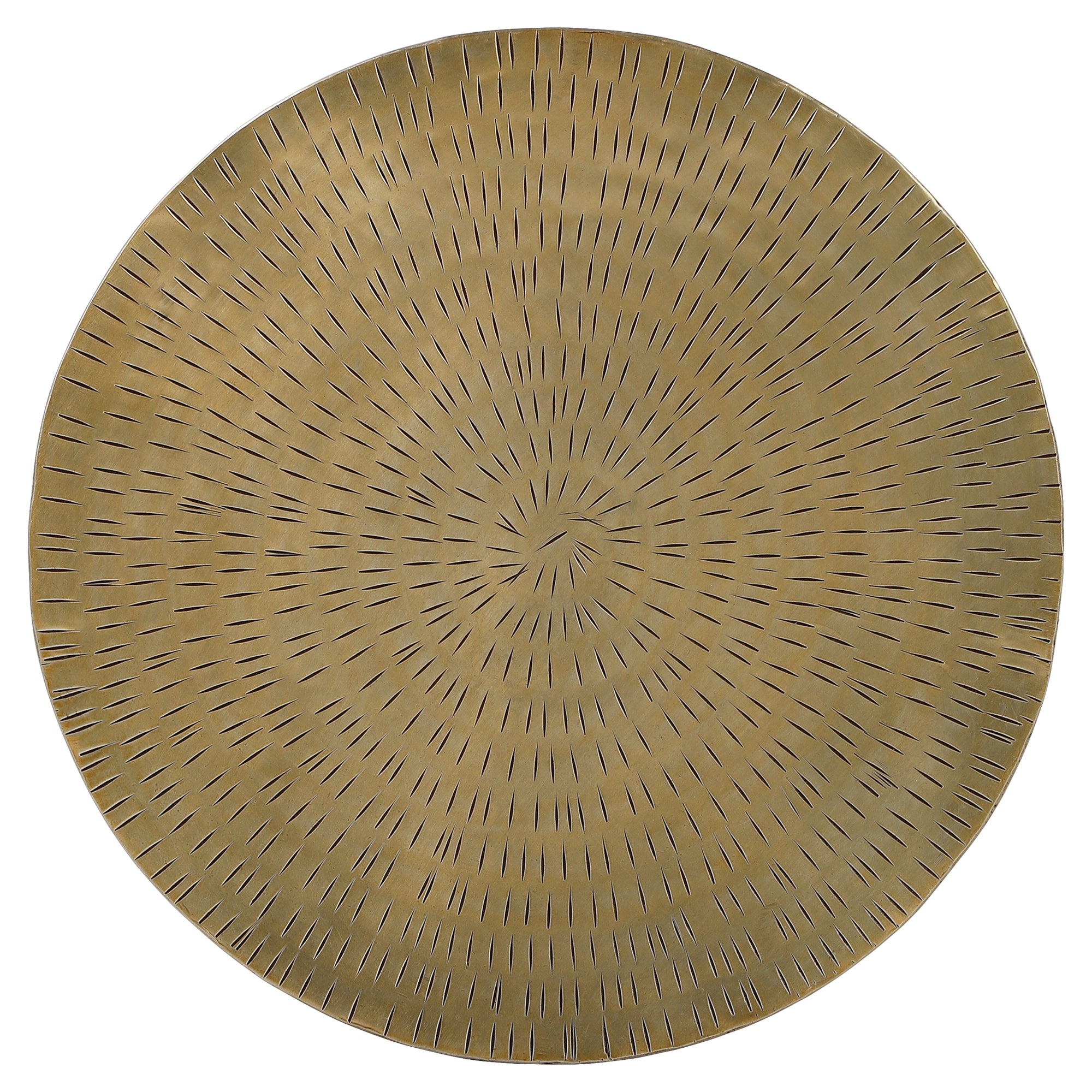 Cesto rotondo dorato con aperture fini e lunghe.
