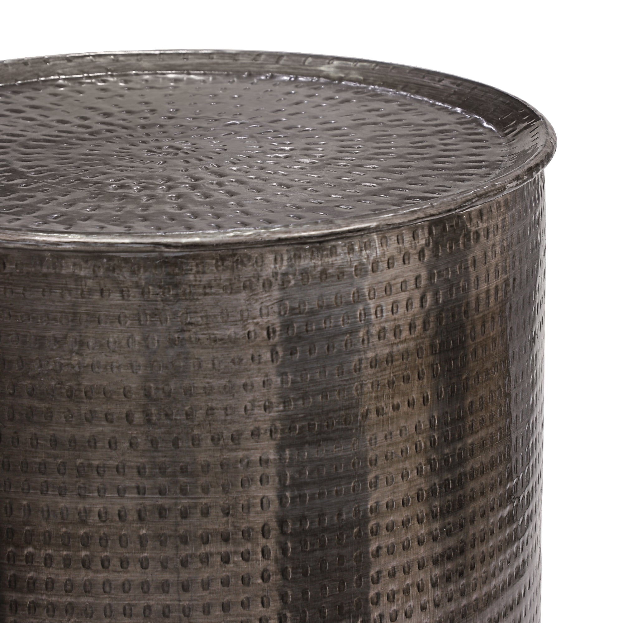 Gray metallic container with a textured surface.