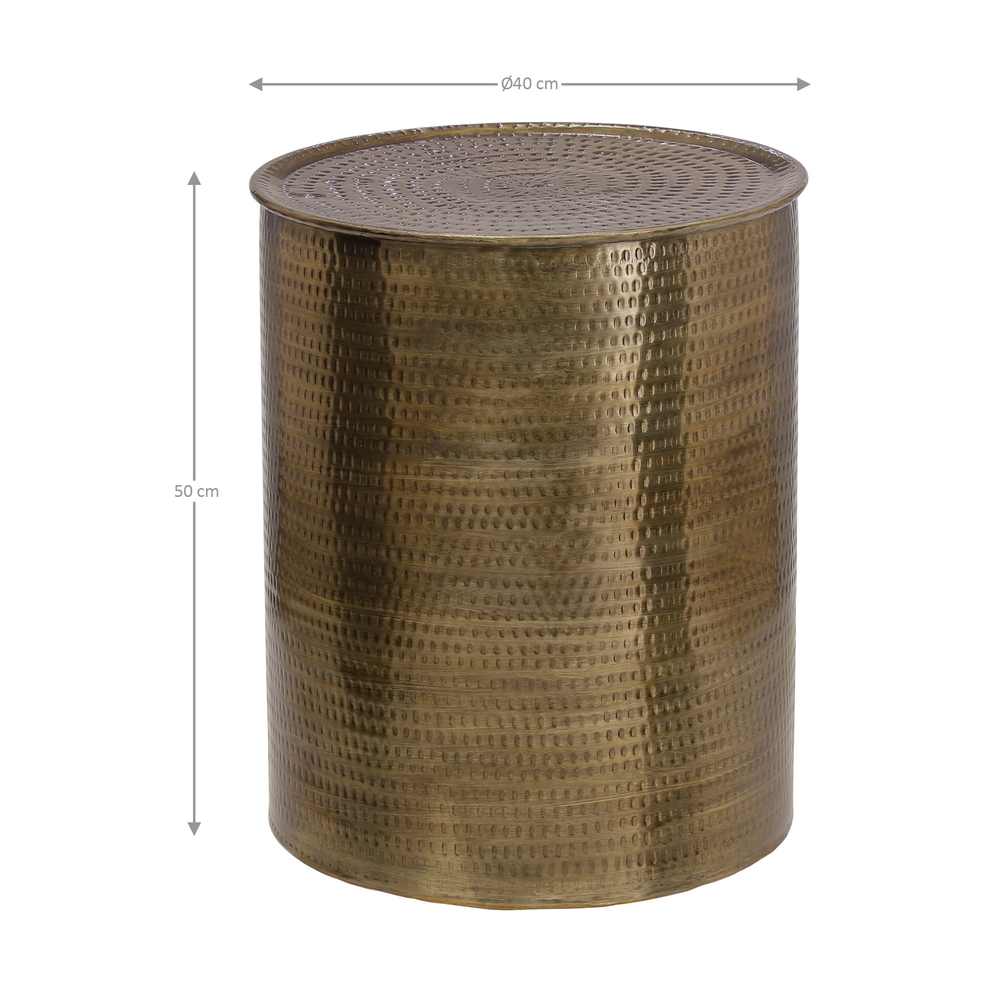 Round gold-colored side table with a patterned surface.