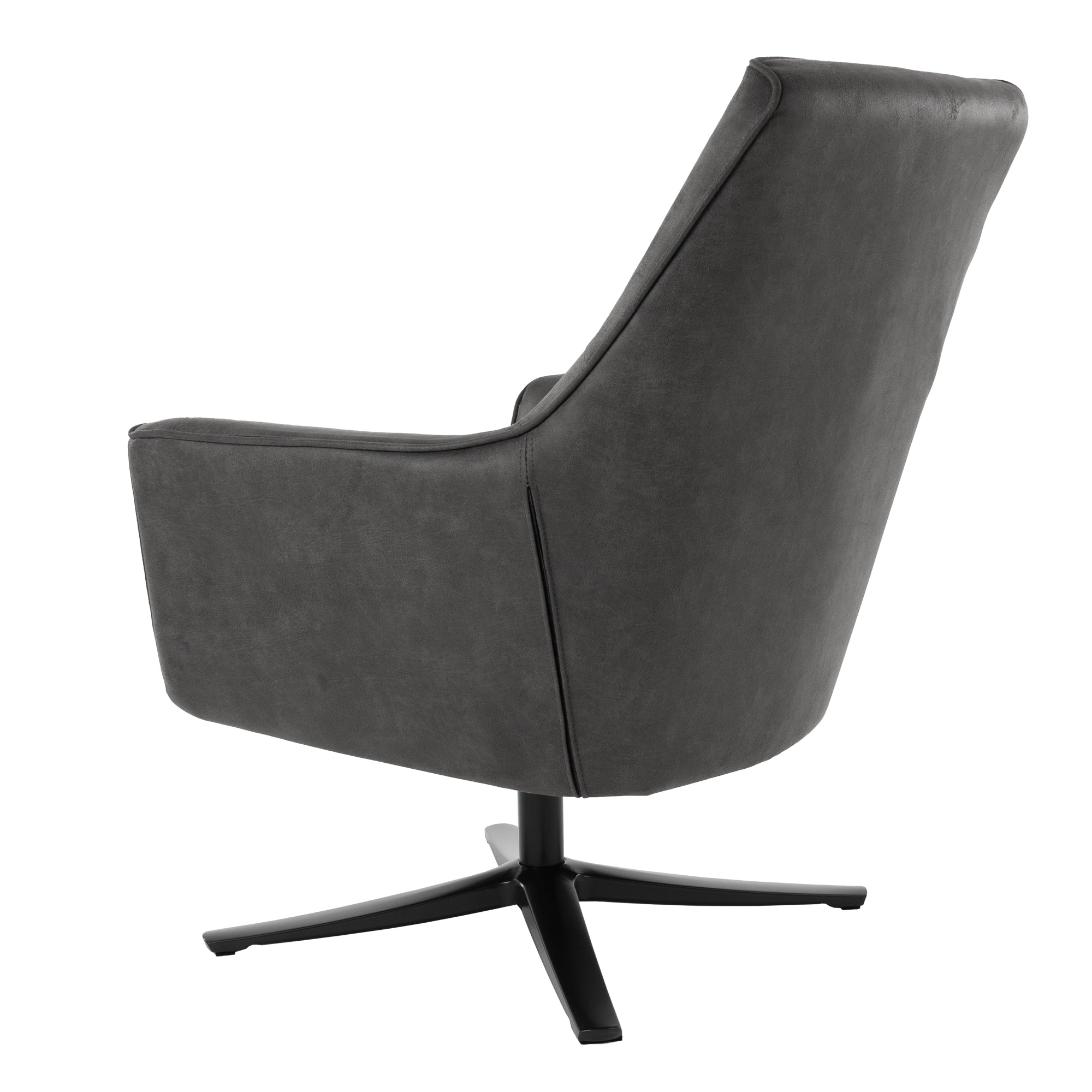 Ein grauer, gepolsterter Sessel von hinten, mit einem drehbaren Fuß.