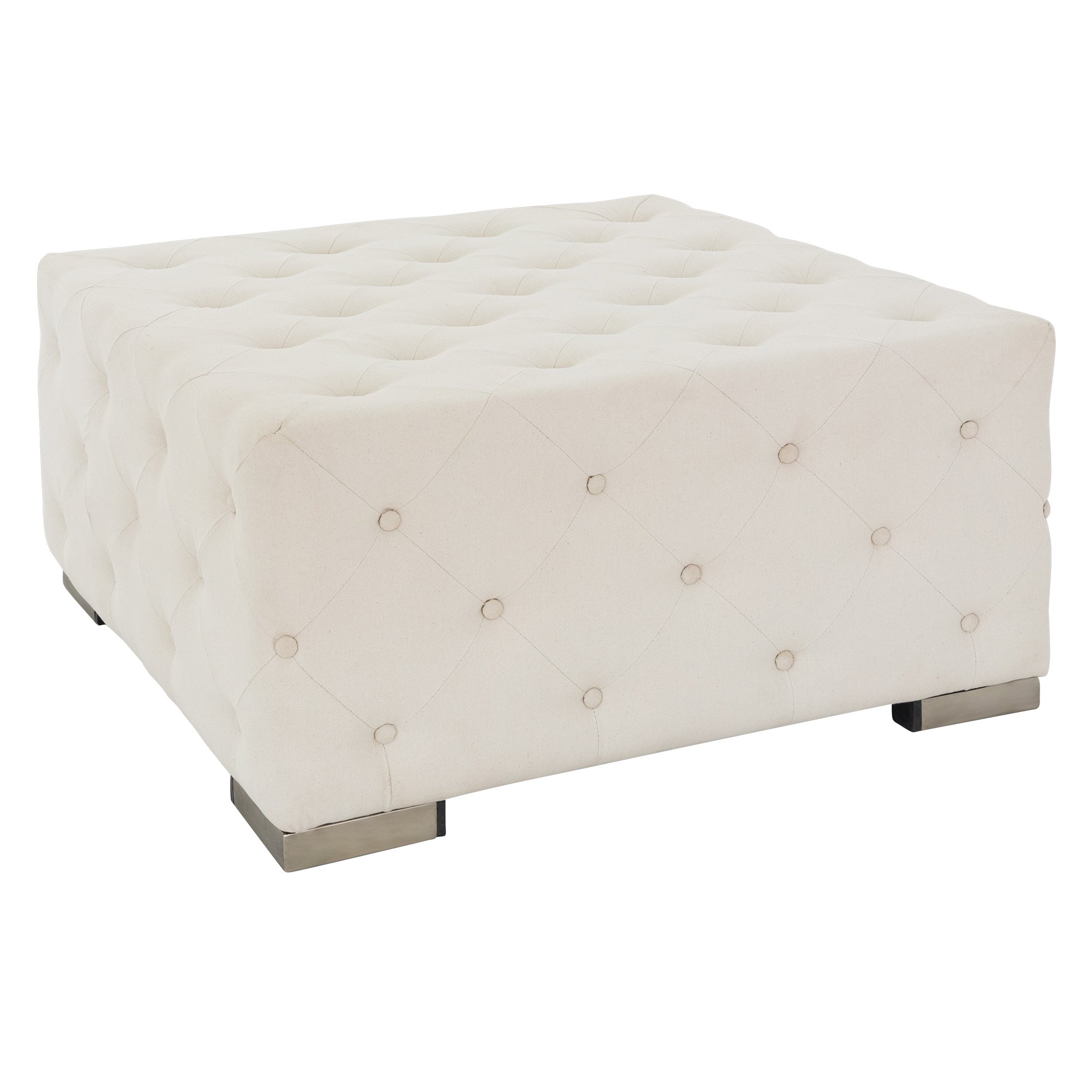 Beiger, gepolsterter Hocker mit quadratischer Form und Knopfdetails.