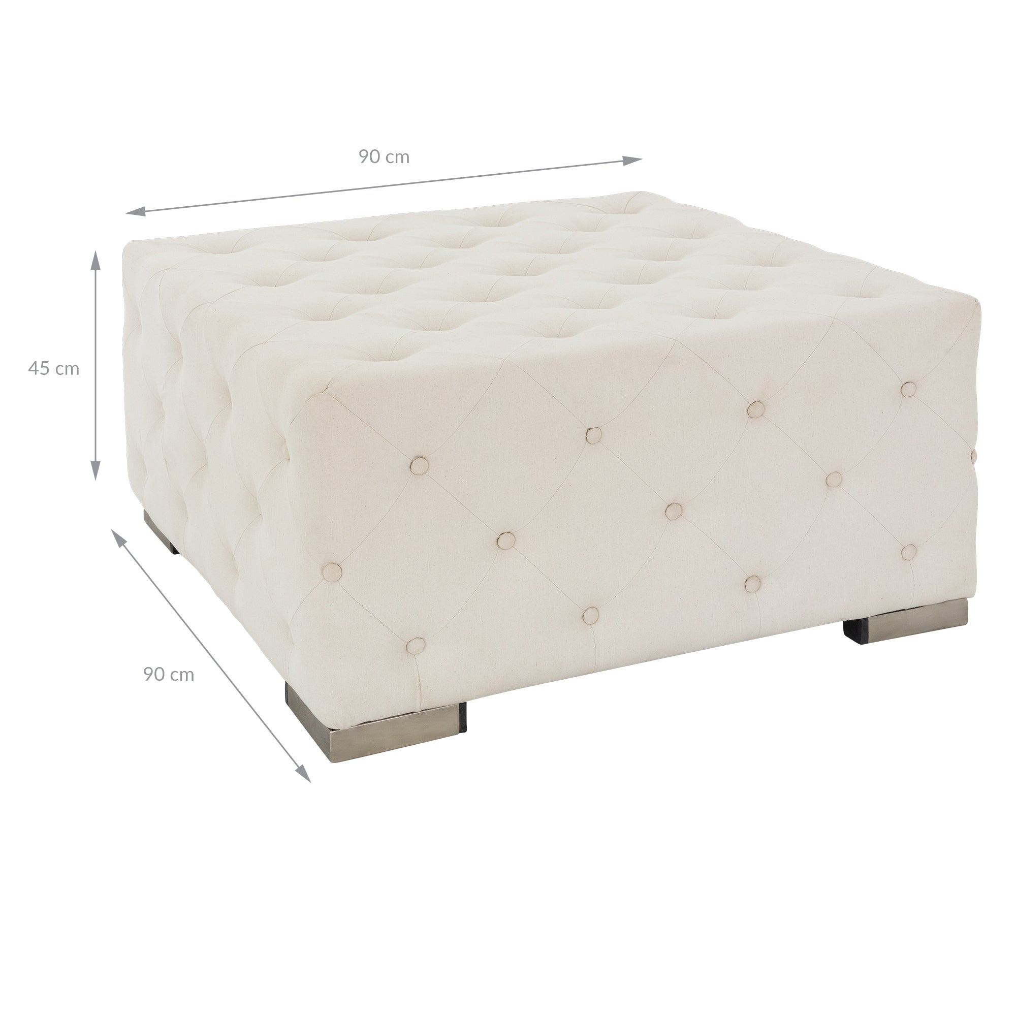 Quadratischer, gepolsterter Hocker in Weiß mit Knopfheftung, Maße: 90 cm x 90 cm x 45 cm.