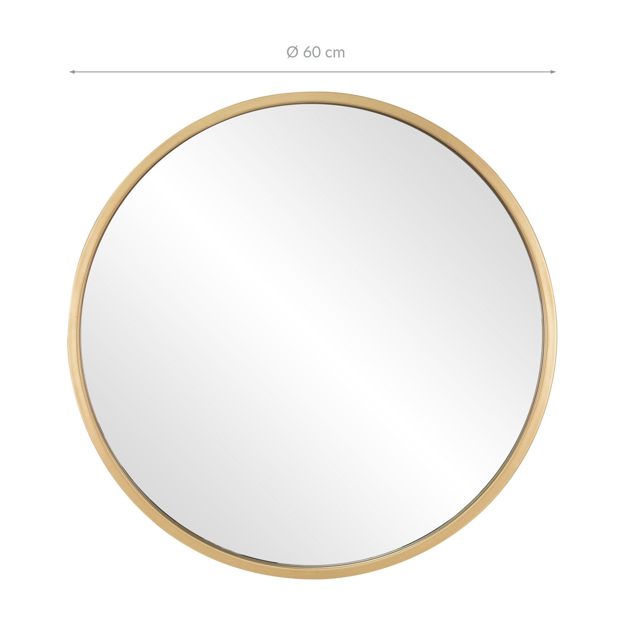 Rundt spejl med gylden ramme, diameter 60 cm.