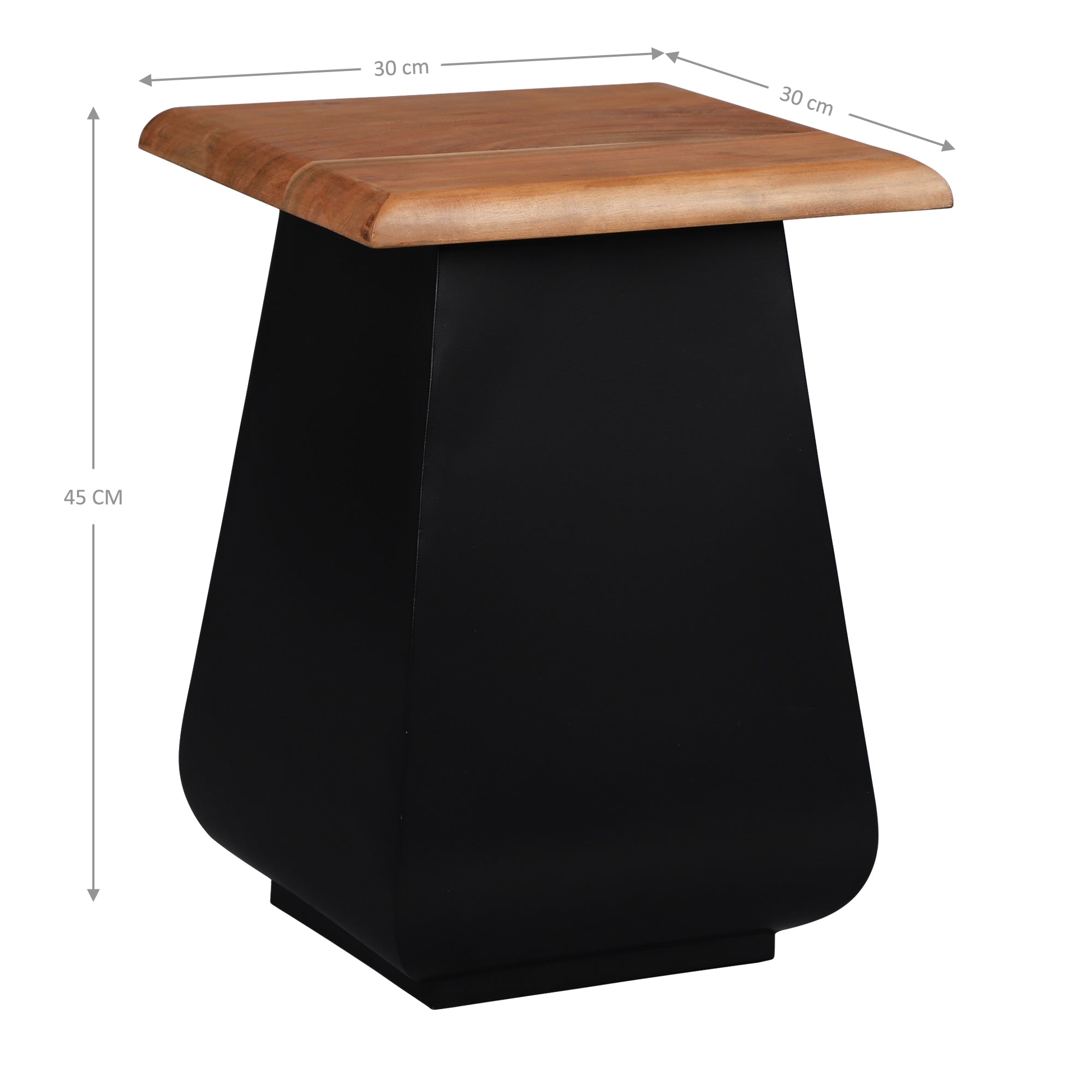 Table noire avec un plateau en bois, dimensions : 30 cm x 30 cm x 45 cm.