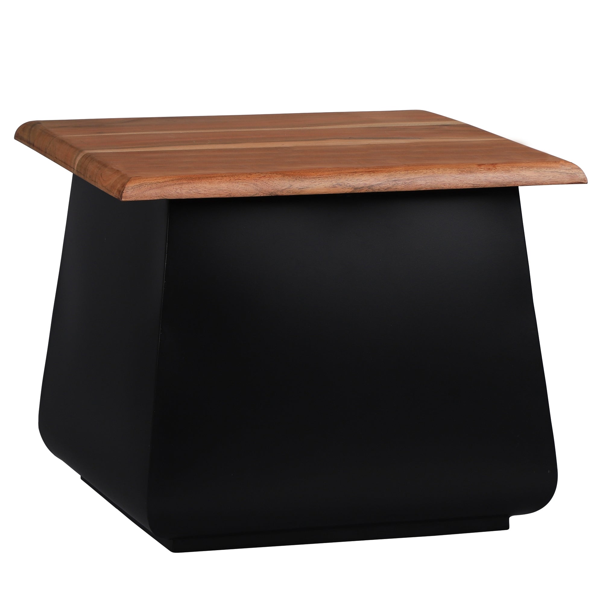 Schwarzer Beistelltisch mit quadratischer Holzplatte.