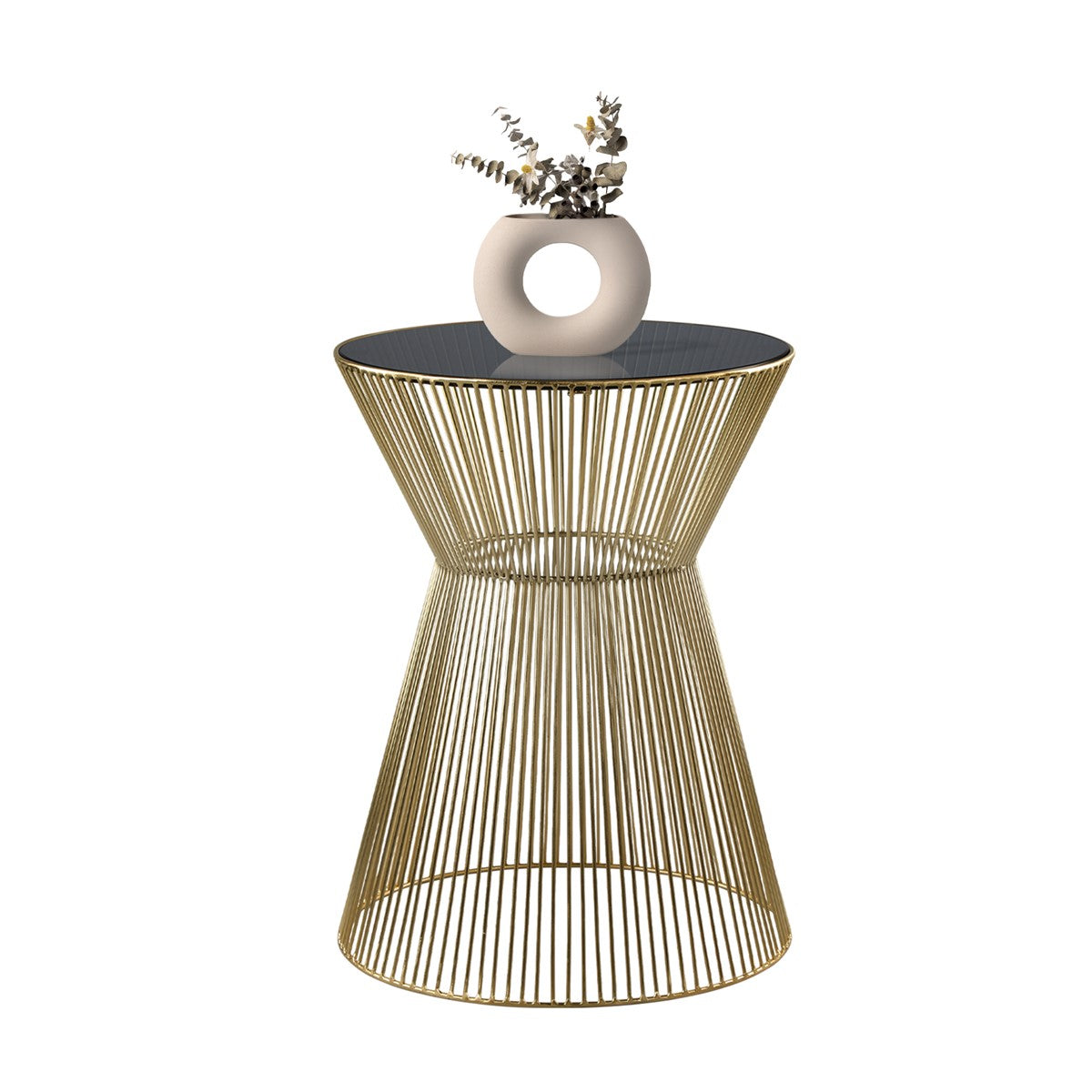 Tisch mit goldenen Streben, konisch geformt, mit schwarzer Tischplatte und einer Vase darauf.