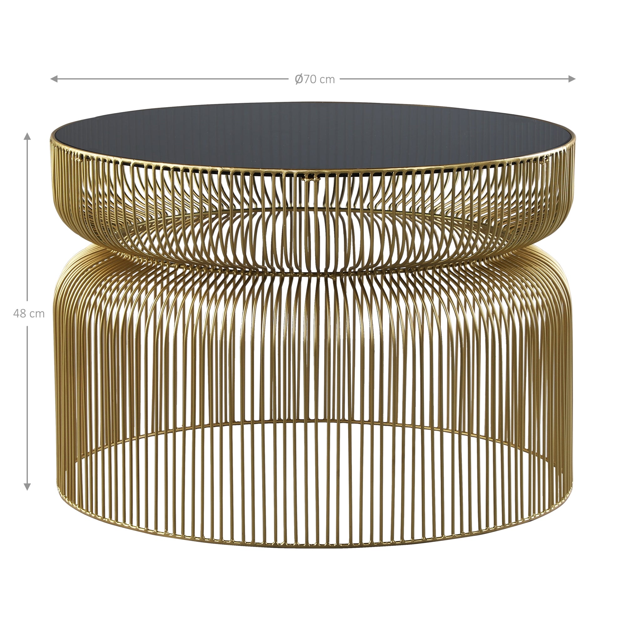 Table ronde avec structure en fil doré et plateau noir.