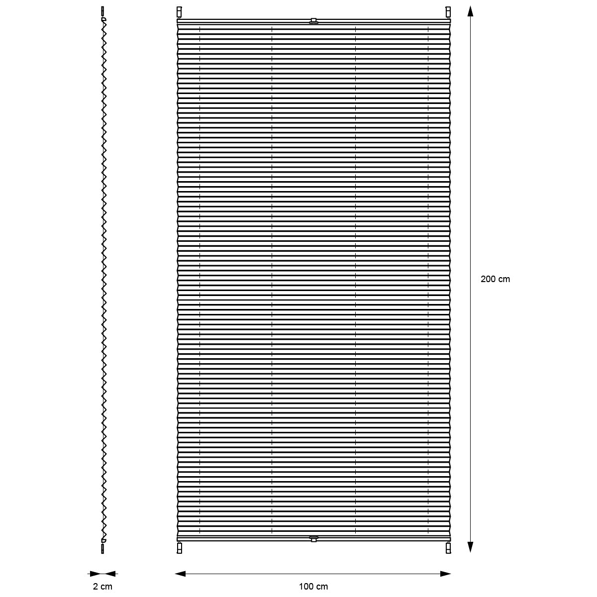 Disegno tecnico di una tenda plissettata con le misure 100 cm x 200 cm.