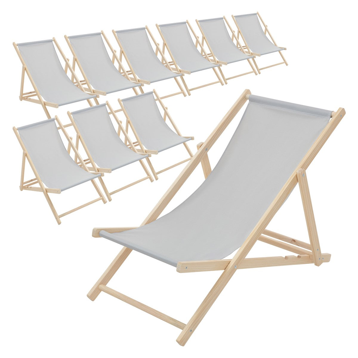 Tien grijze ligstoelen tegen een witte achtergrond.