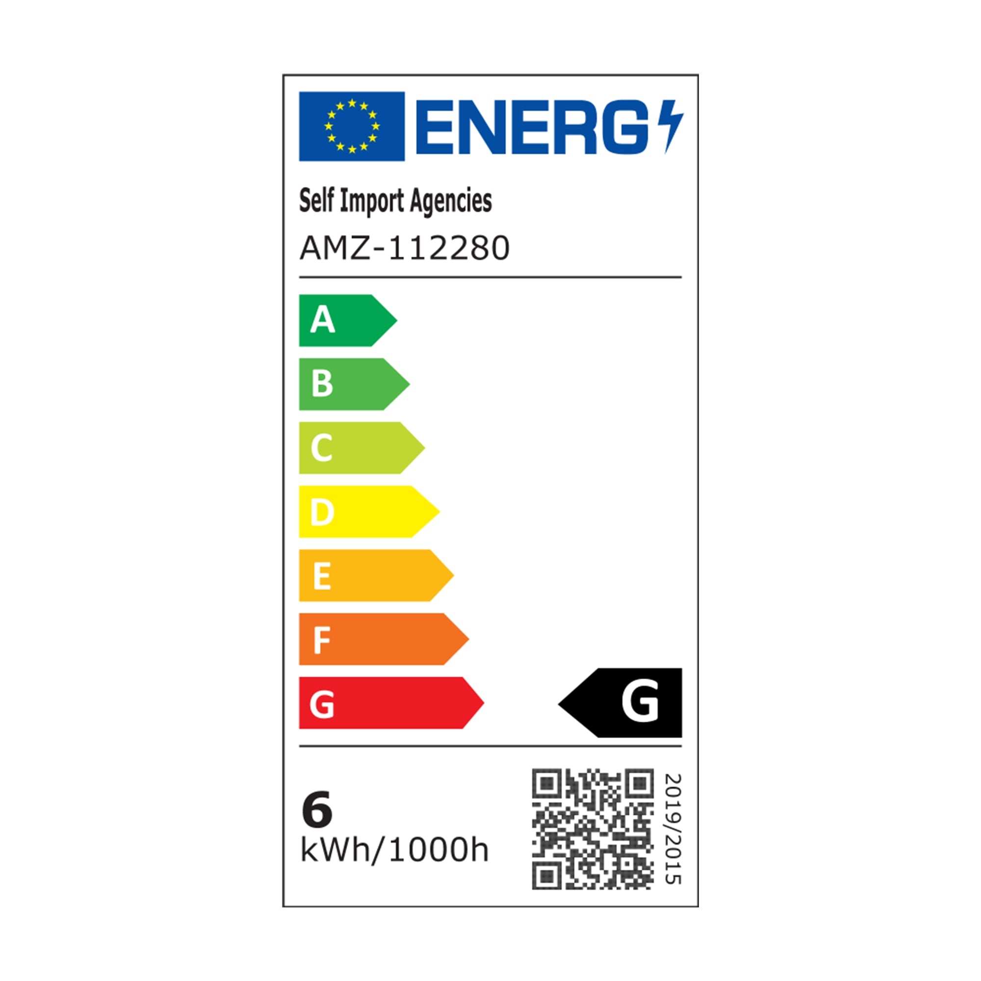 Energieeffizienzlabel mit einer Skala von A bis G und einem QR-Code.