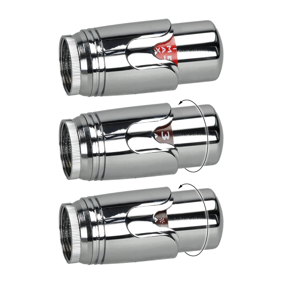 Three chrome-colored faucets with different markings.