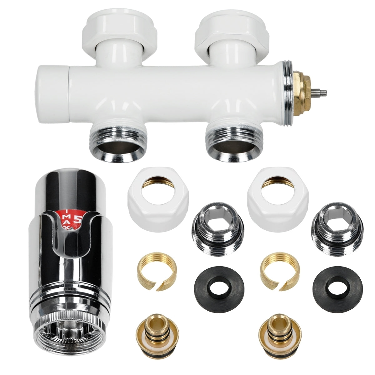 Verschiedene Rohrverbindungsstücke und Dichtungen auf einem weißen Hintergrund.