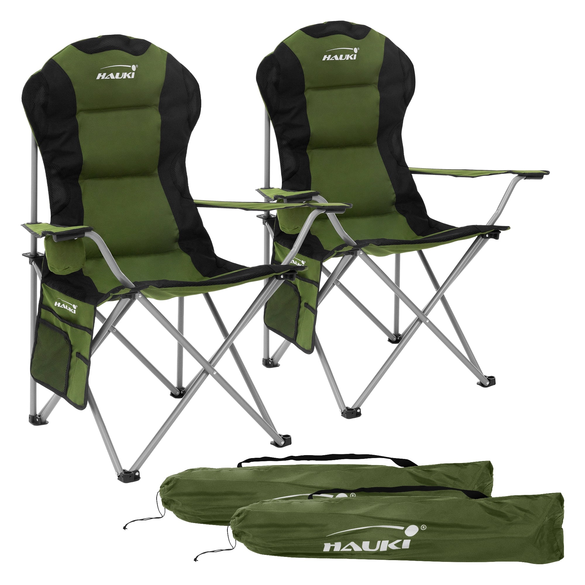 Twee groene klapstoelen met draagzakken.