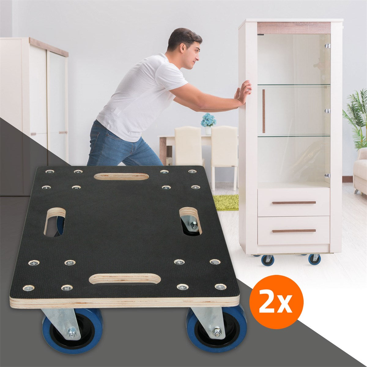 A man pushes a cabinet on a black dolly with blue wheels.