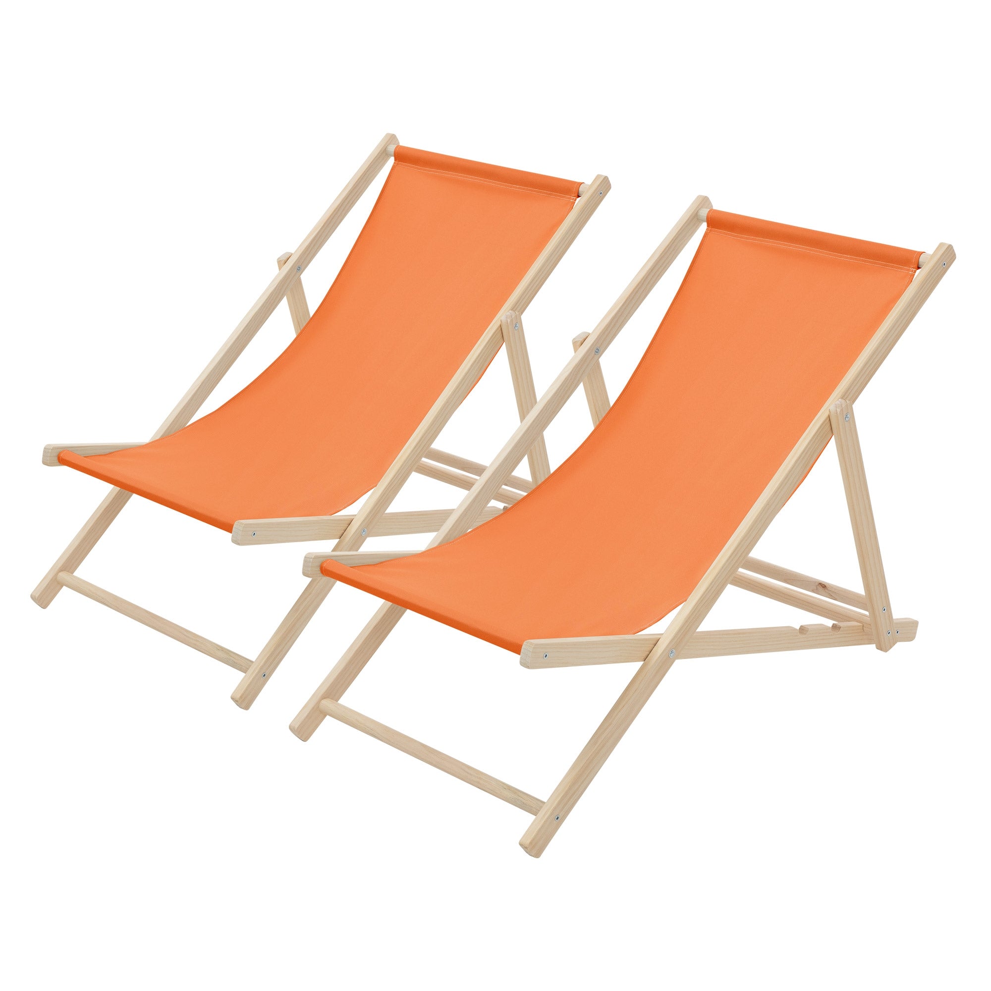 Zwei orangefarbene Liegestühle auf einem weißen Hintergrund.