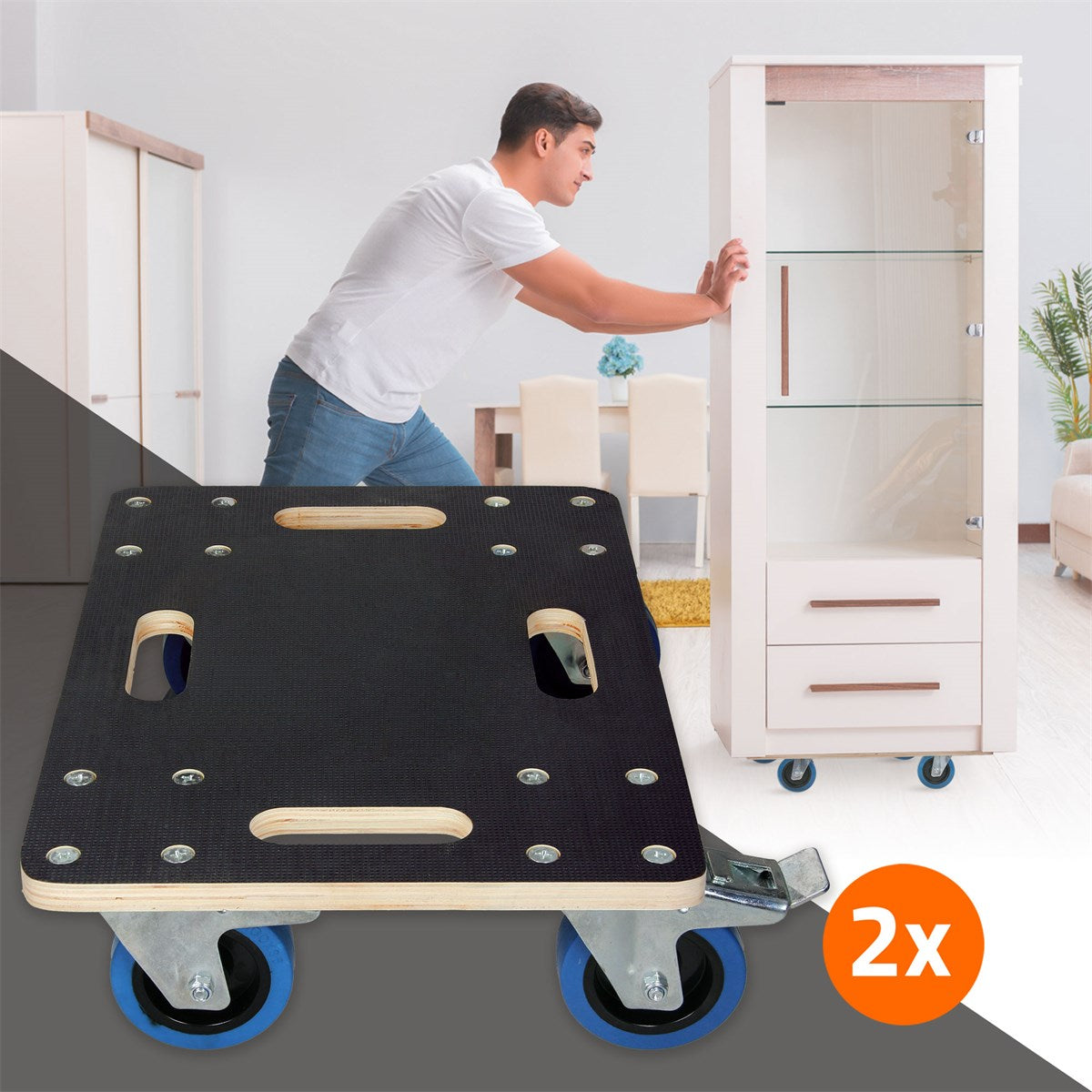 A man pushes a trolley with a cabinet, side view.