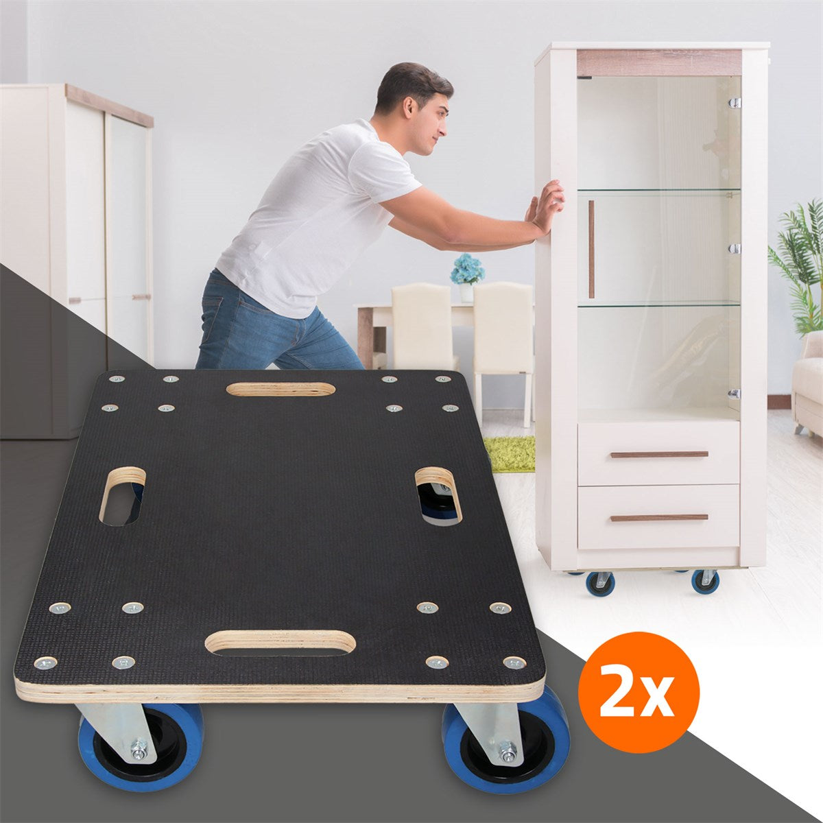 A man pushes a cabinet on a black furniture dolly with blue wheels.